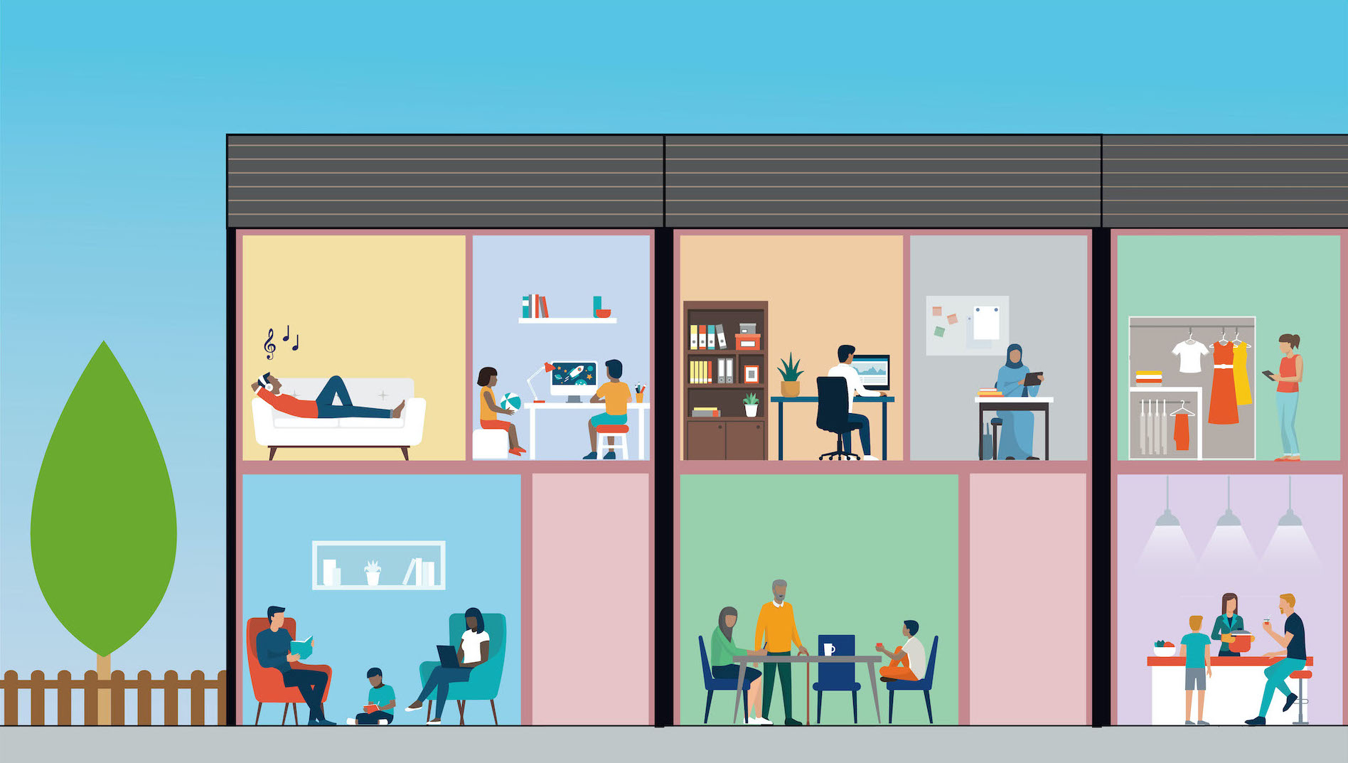 Cross section of several homes with people living and working in them.