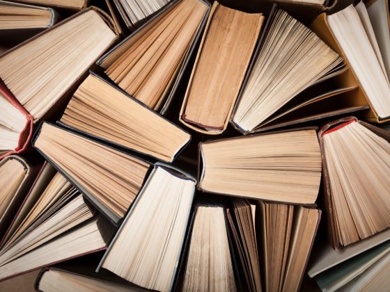 Birdseye view of book spines from the top