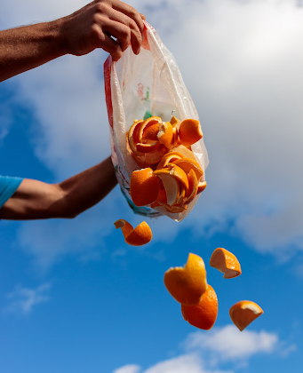 A pair of hands holding a plastic bag of orange peels, tipping them out. There is a background of a cloudy sky.