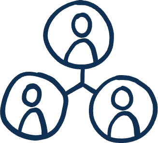 A cartoon drawing of 3 people in bubbles, all connected to each other, representing networking.
